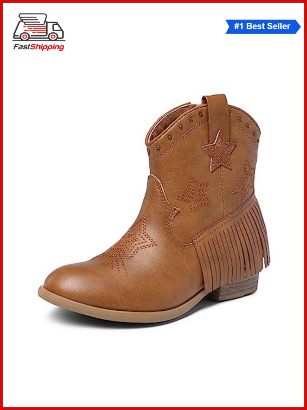✨ Girls Faux Leather Western Cowboy Boots Star Embroidery Ankle Boots Zip